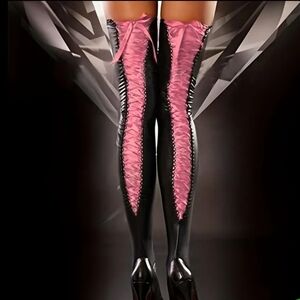 Black and Pink Lace-Up Thigh Stocking